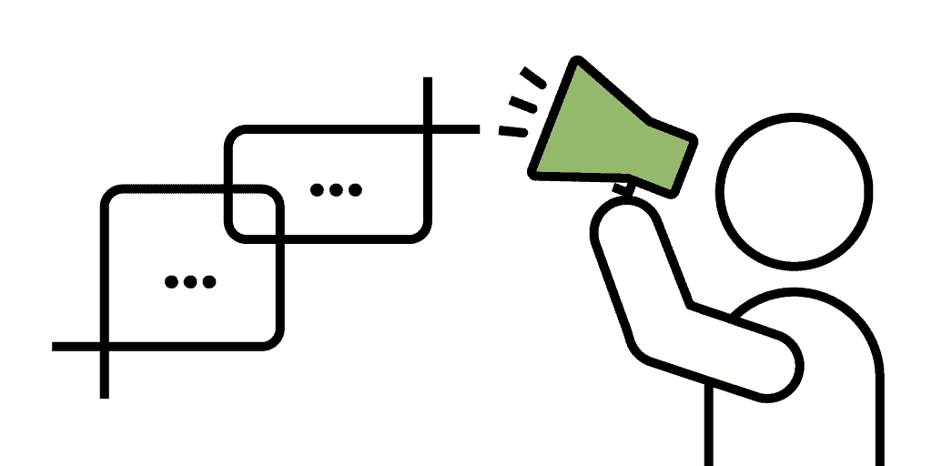 Graphic showing person with megaphone and two speech bubbles